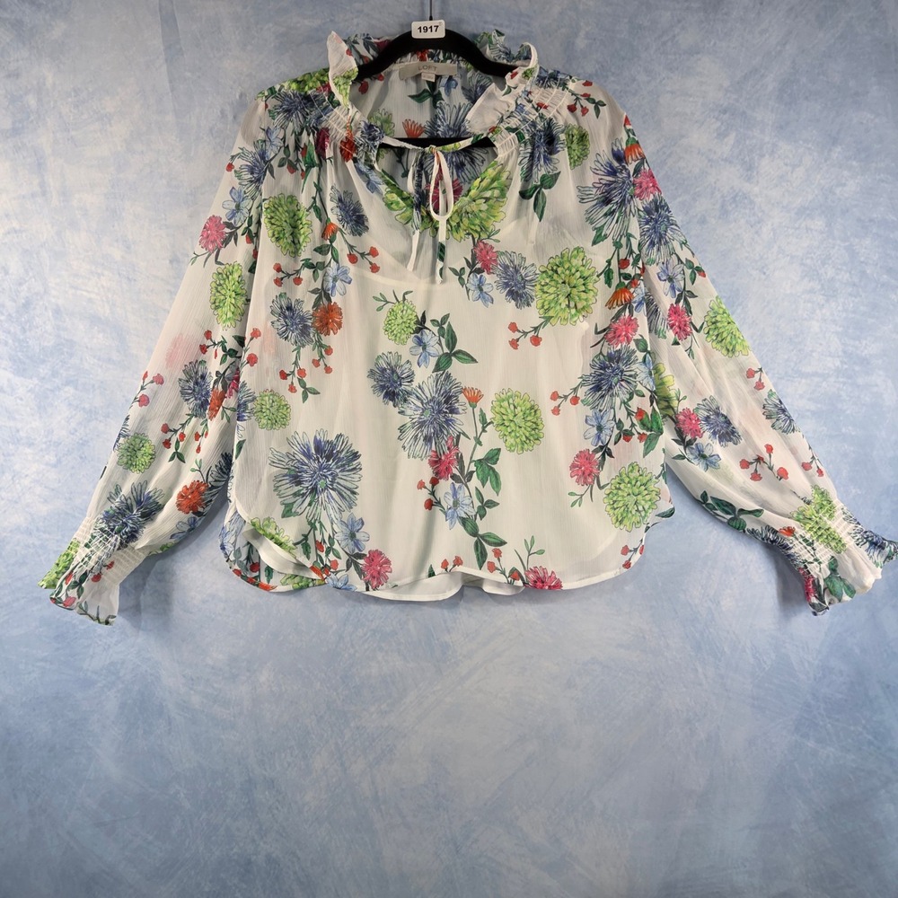 LOFT Floral‎ Ruffle Neck Tie Keyhole Blouse Green Blue White Small